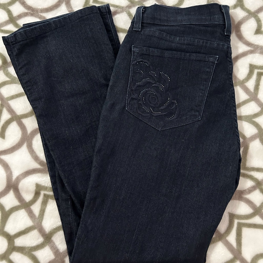 NYDJ Dark Blue Stretch Straight Leg Jeans with Embellished Rear Floral Pockets